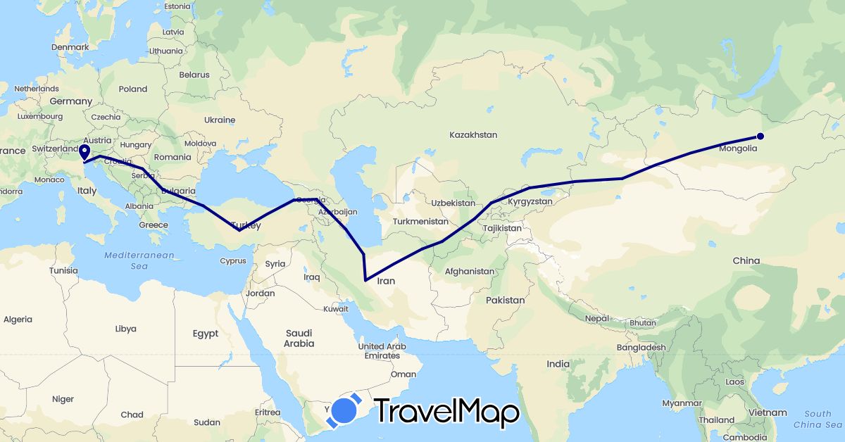 TravelMap itinerary: driving in Azerbaijan, Bulgaria, China, Georgia, Croatia, Iran, Italy, Kyrgyzstan, Mongolia, Serbia, Slovenia, Turkmenistan, Turkey, Uzbekistan (Asia, Europe)